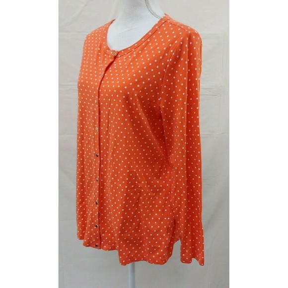 Susan Graver Womens Top Medium Snap Front Orange Polka Dot Cotton Stretch - Picture 2 of 5